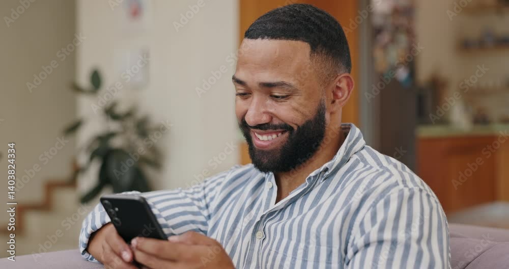 Aufkleber man, reading and phone online with funny meme, communication or post on social media in home. intern