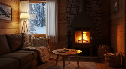 Obraz premium Cozy Cabin Interior with Fireplace and Snowy View