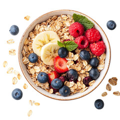 Healthy breakfast concept, cereal granola food with fruit in bowl organic muesli morning diet oat meal  vegan background and detox snack for health nutrition vertical close up top view, PNG