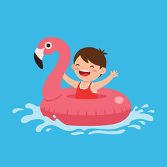 Fototapeta premium Happy child enjoying summer fun in pink flamingo float detailed vector illustration