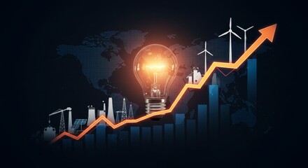 Global Energy Costs Rise: Price Increase and Market Trends - Global energy price surge, visualized with a graph, lightbulb, and wind turbines, symbolizing innovation, growth, cost, energy