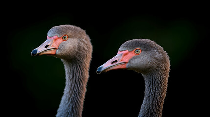 Fototapeta premium Close-up Profile Portrait of Two Grey Geese Against a Dark Background