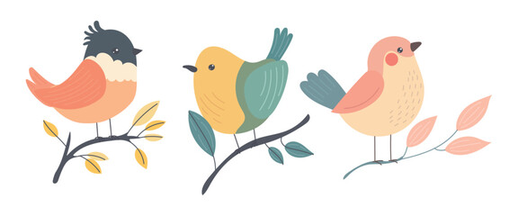 Illustrated birds perched on leafy branches in bright hues, great for forest wildlife themes, spring greeting cards, or friendly garden decor art.