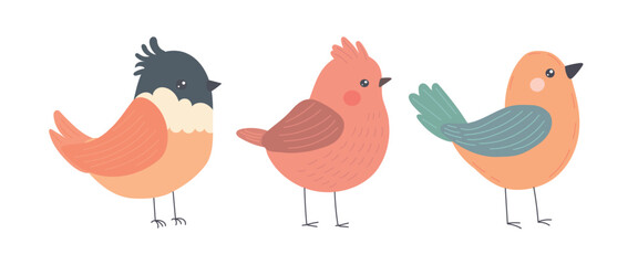 Cute trio of colorful birds with cheerful expressions and soft feathers, perfect for kids’ decor, playful art prints, or whimsical animal illustrations.