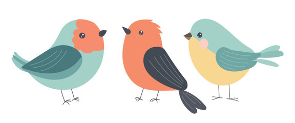 Three happy birds in pastel tones with bright plumage and detailed wings, ideal for kids' stationery, nature artwork, or cheerful animal-themed prints.