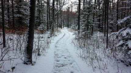 Snowy path leads through the wintery forest with tall trees present