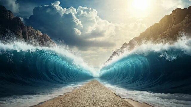 God divided the waters of the sea leaving a dry path in the middle. Sea parts allowing people pass. Passover illustration concept. Shevi'i shel Pesach. The splitting of the Sea occurred.	