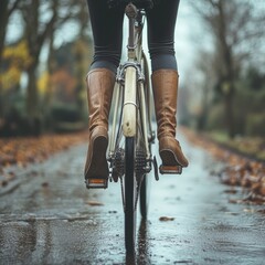 Naklejka premium Autumn Biking Journey Through a Colorful Forest Path With Fallen Leaves on the Ground