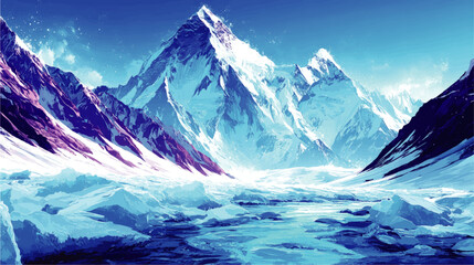 Stunning Vector Illustration of Snow Covered Mountain Landscape Featuring Majestic Peaks Icy Blue Glaciers Alpine Valley Scenic Winter Panoramic Outdoor Background