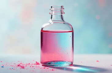 Transparent bottle with a colored gel inside, abstract stains, pastel colors