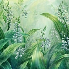 Enchanting lily of the valley illustration with lush green leaves in a serene and dreamy botanical garden setting artistic style