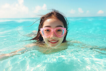 Naklejka premium A joyful young woman enjoys swimming in clear turquoise waters, wearing colorful goggles under a bright blue sky.