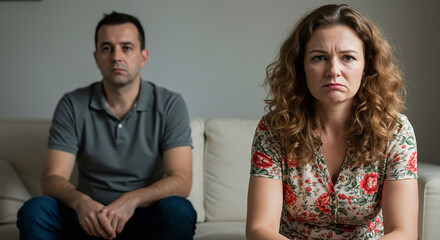 Obraz premium Arguing couple with bad relationship concept. Stressed unhappy wife and dissatisfied husband sitting on couch at home. Selective focus