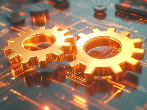 A digital financial agreement represented by two golden gears perfectly interlocking while processing a glowing financial flow textures