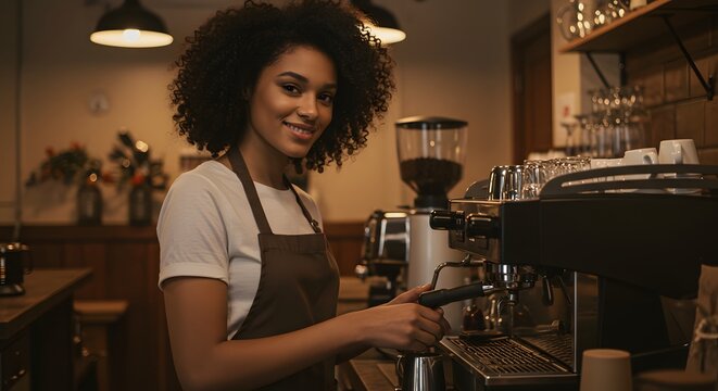 Smiling barista prepares a beverage on an espresso machine in a cozy cafe. She makes eye contact.