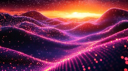 Obraz premium Sunset over Glowing Digital Landscape: A Vivid Abstract Artwork