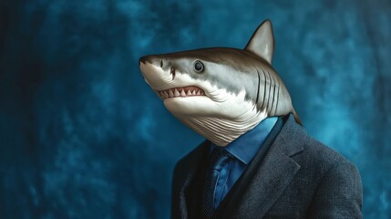Naklejka premium Shark dressed as a businessman on a blue background.