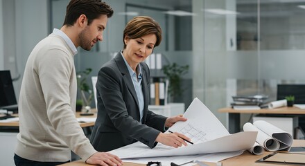 Architects discussing building plans at a table in the office, teamwork and expertise shown here.