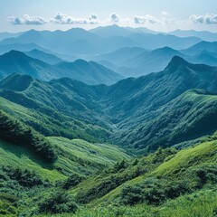 Fototapeta premium Serene Mountain Panorama: A Breathtaking View of Rolling Green Hills