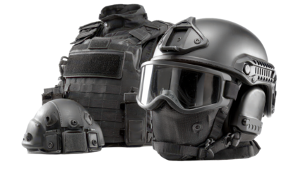 Tactical gear display for safety and protection. transparent background