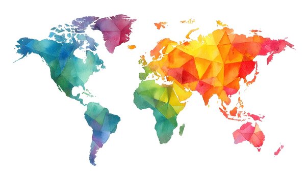 Fototapeta A colorful geometric world map illustration with a polygonal design on a white background showing continents