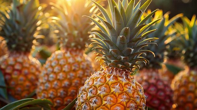 This Ripe pineapples bask in the sunlight, showcasing their vibrant colors in a lush field.