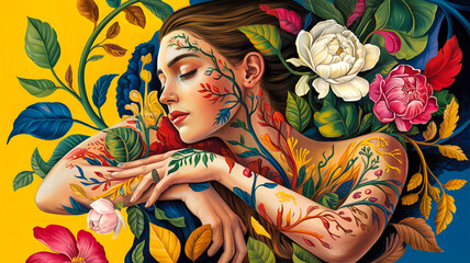 Fototapeta premium A hyperrealistic digital portrait of a serene side-facing figure with chestnut hair and shut eyes, immersed in an explosion of vivid plant life, with intricately detailed vines adorning their skin