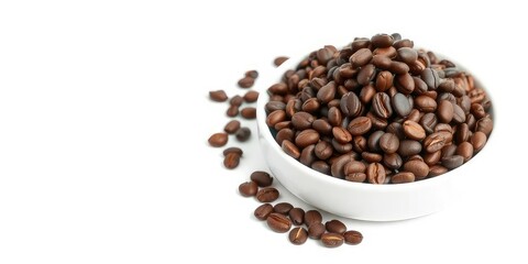 Fototapeta premium Dark roasted coffee beans piled high in a pristine white plate against a stark white background, coffee shop, arabica