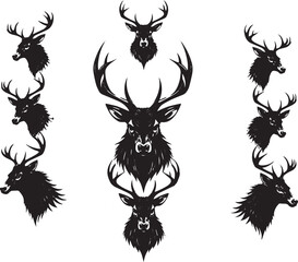 Deer Head Vector Silhouettes – Tribal Stag Logo Set for Tattoos, Emblems, and Hunting Design