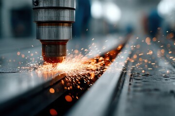 Laser cutting process creating sparks in a metal workshop during daytime operations