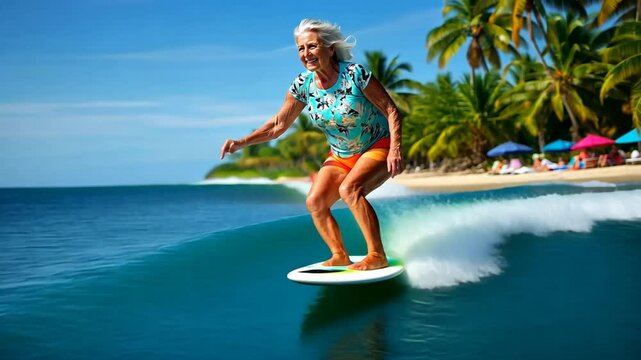 Confident senior woman surfing a gentle wave at the beach