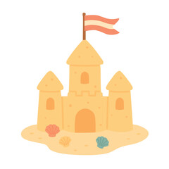 Flat cartoon sandcastle with colorful seashells and waving flag, cute summer beach vector illustration.