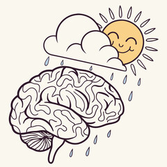Cloud and sun peeking out from a brain, representing hope and healing