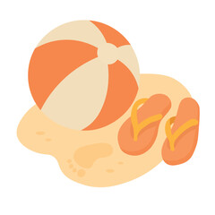 Cartoon summer beach scene with ball, flip flops, sand and footprint, cute vector flat illustration.