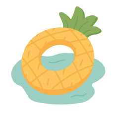 Cartoon inflatable pineapple float in water, fun summer pool or beach vector illustration in flat style.