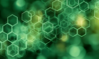 Abstract green background with overlapping glowing hexagons creating a network effect design