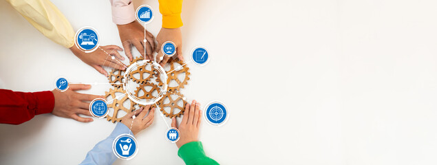 A vibrant display of diverse hands collaborating around gears, symbolizing teamwork and innovation. The scene captures the essence of shared goals and creative solutions in a business context. Amity