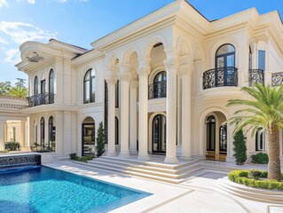 Luxurious Mansion with Pool and Palm Tree Under Blue Sky Capturing Opulence and Architectural Grandeur in Sunny Day