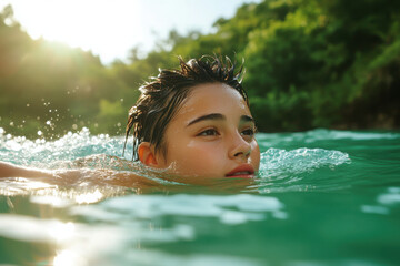 Obraz premium A serene moment of a young person swimming in a tranquil green lake surrounded by nature, capturing joy and peace in water.