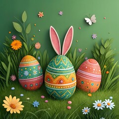 Whimsical Easter scene with floral-decorated eggs and bunny ears in spring grass.