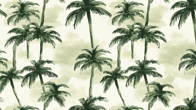 Seamless looping pattern of layered palms with misty brush effect.