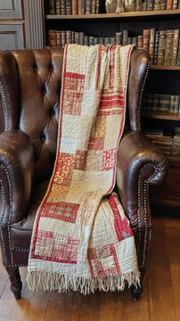 Comforting handcrafted quilt drapes elegantly over a worn leather armchair near vintage bookshelves in a cozy and inviting room.
