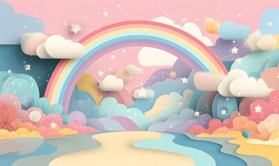 Fototapeta premium Pastel landscape with rainbow, clouds, stars, and a winding path in a dreamy, whimsical style