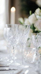 <Elegant Crystal Glassware and Floral Centerpiece for Luxurious Wedding and Fine Dining Event>