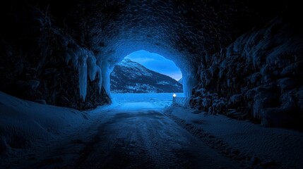 Naklejka premium An ice cave tunnel leads to a stunning winter landscape scene