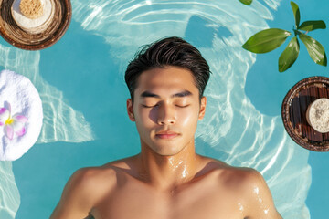 A tranquil moment of relaxation as a young man floats peacefully in a serene pool surrounded by natural beauty.