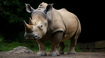 Fototapeta premium White Rhinoceros In A Dark Background With Textured Skin And A Single Horn