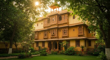 Obraz premium Historic Haveli in Lush Garden Setting - A beautiful ochre-colored haveli stands majestically amidst vibrant greenery, bathed in the warm glow of the setting sun