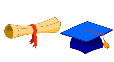 Cap, diploma. Graduation, hat throw ceremony documents set. Students tossing it in the air. Leaving school, college, university certificate. Vector, cartoon illustration