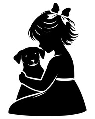 Black and white silhouette of a girl hugging a dog. Vector graphics. EPS.